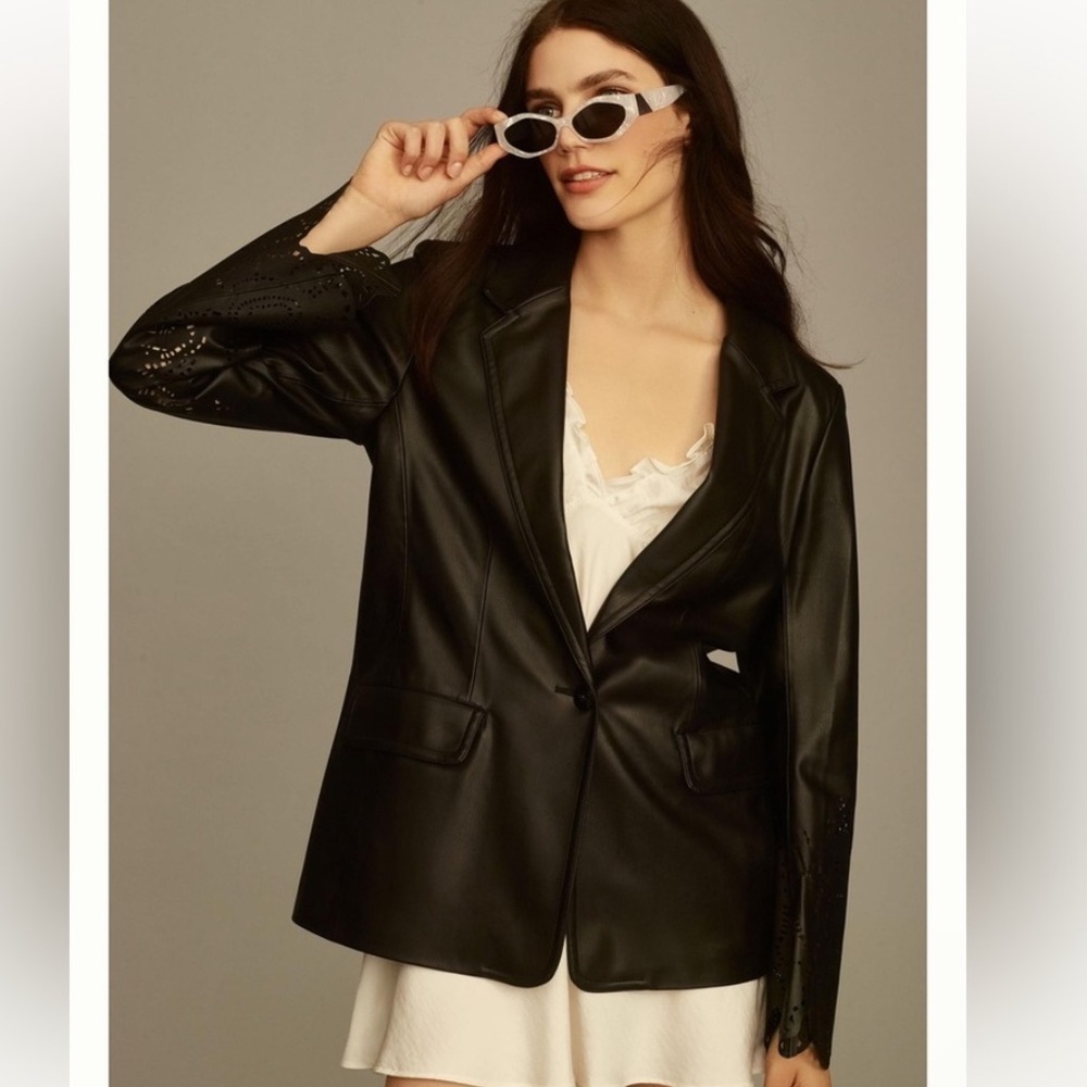 Anthropologie Maeve Eyelet-Sleeve Vegan Leather Blazer Size 10